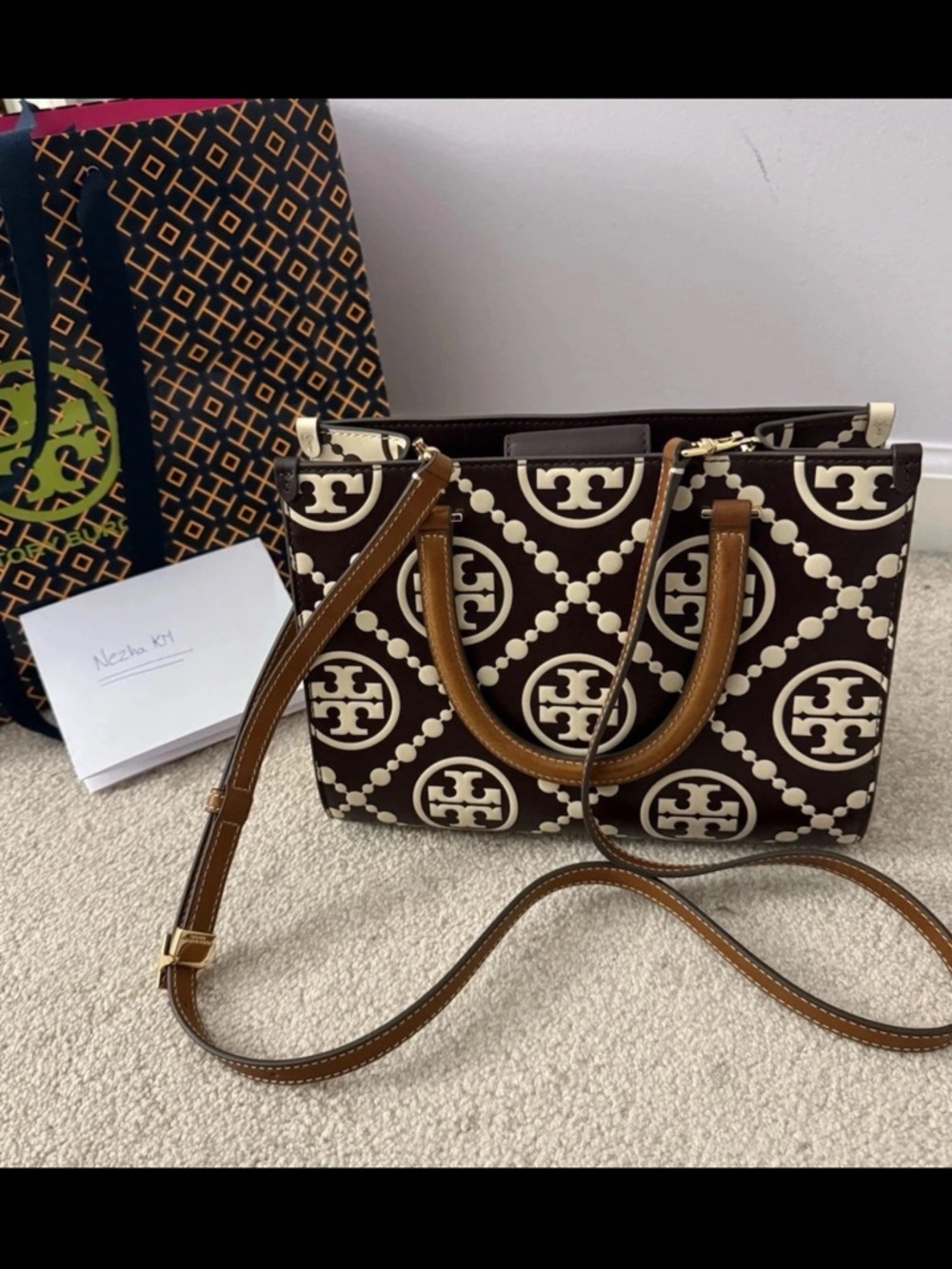NWT Tory Burch T-Monogram Contrast Embossed Square Tote Marron/New Cream Rare - Picture 2 of 9